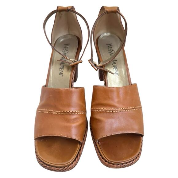 YSL Yves Saint Laurent Women 8.5 Block Heel Sandals Brown Leather Boho Luxury - Picture 8 of 13
